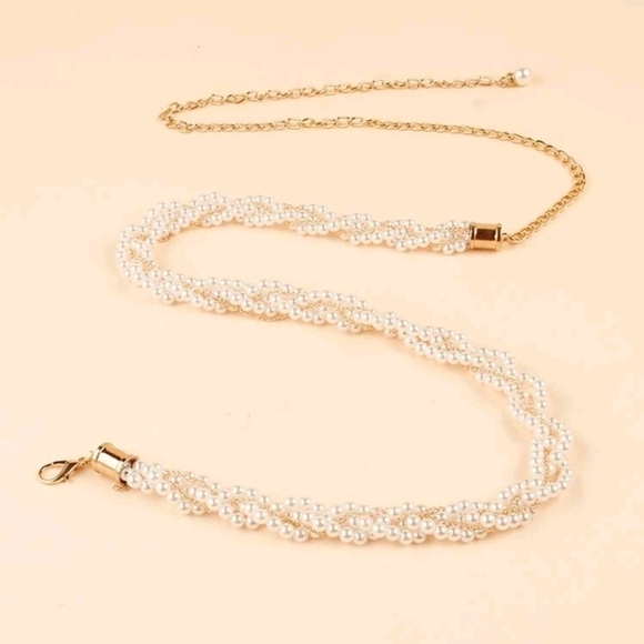 Faux white pearl beaded Gold‎ evening bridal waist wedding dress belt - Picture 6 of 15